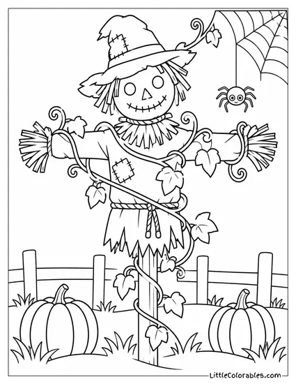 Scarecrow Tangled in Dried Vines with a Spider Spinning a Web Nearby Coloring Page