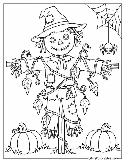 Scarecrow Tangled in Dried Vines with a Spider Spinning Nearby Coloring Page