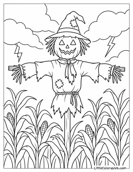 Scarecrow Towering Over a Cornfield as Storm Clouds Gather Behind It Coloring Page