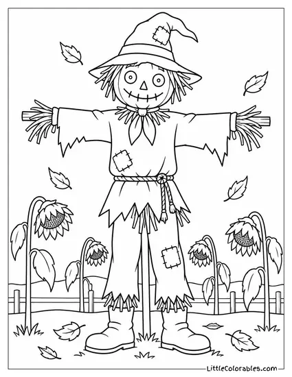 Scarecrow Towering Over Dried Sunflowers as Leaves Swirl Around Its Boots Coloring Page