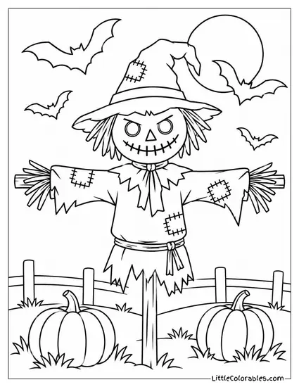 Scarecrow with a Crooked Grin Stitched Tight Beneath a Swarm of Circling Bats Coloring Page