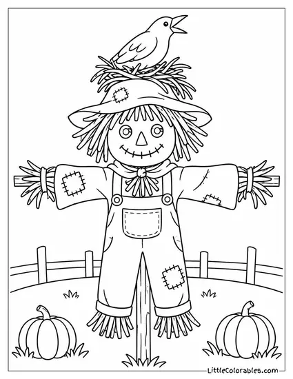 Scarecrow with a Crow Nesting Boldly in Its Straw Hair Mid Caw Coloring Page