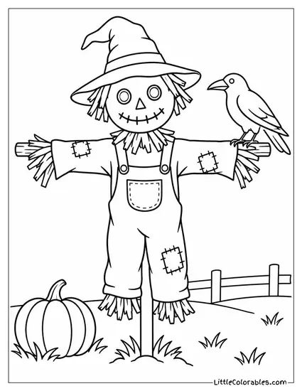 Scarecrow with a Crow Perched Defiantly on Its Outstretched Wooden Arm Coloring Page