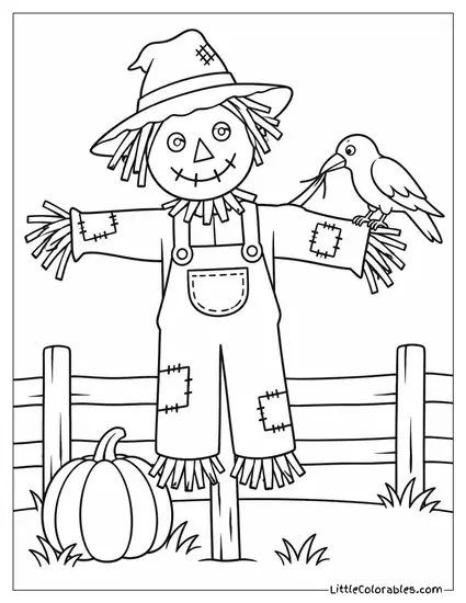 Scarecrow with a Crow Tugging a Strand of Straw Loose from Its Sleeve Coloring Page