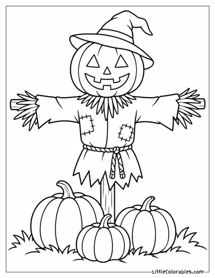 Scarecrow with a Jack O Lantern Head Flickering Beside a Cluster of Pumpkins Coloring Page