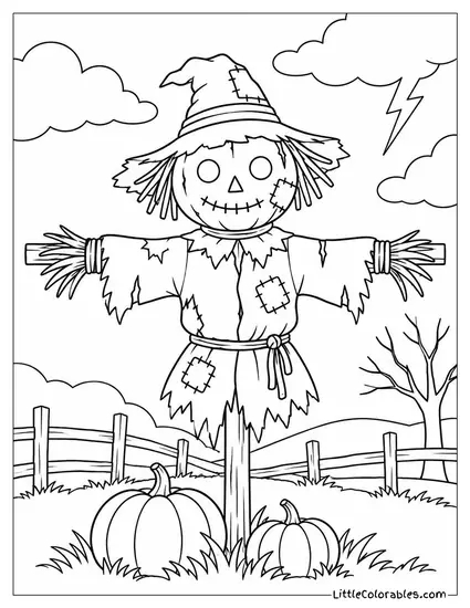 Scarecrow with Cracked Burlap Texture Peeling Beneath a Stormy Autumn Sky Coloring Page