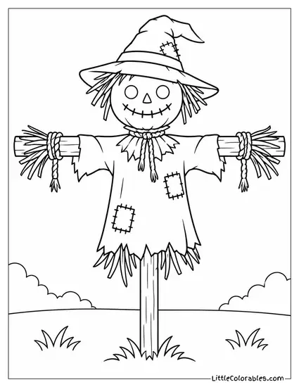 Scarecrow with Frayed Rope Binding Creaking Against Its Wooden Cross Frame Coloring Page