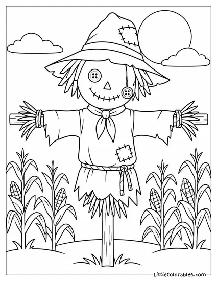 Scarecrow with One Button Eye Dangling Loose Above a Field of Dry Corn Coloring Page