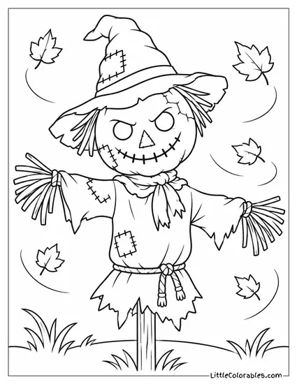 Scarecrow with Patched Burlap Face Cracking as It Grins Beneath Swirling Leaves Coloring Page
