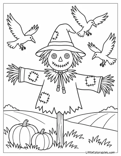 Scarecrow with Patchwork Sleeves Fluttering as Crows Swoop Low Across the Field Coloring Page