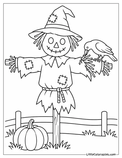 Scarecrow with Straw Bursting from a Torn Sleeve as a Crow Pecks Nearby Coloring Page