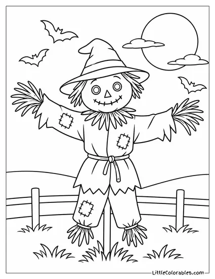 Scarecrow with Straw Hands Raised as Bats Dart Past in the Dusk Light Coloring Page
