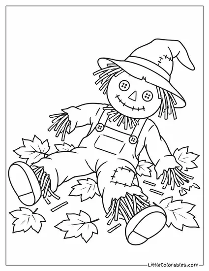 Scarecrow with Straw Spilling Out Mid Collapse Onto a Bed of Fallen Leaves Coloring Page
