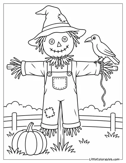 Scarecrow with Twine Unraveling from Its Wrist as a Crow Lands Nearby Coloring Page