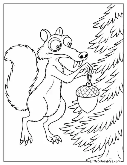 Scrat Hanging an Acorn as a Christmas Ornament Coloring Page