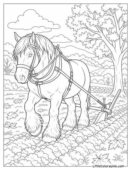 Shire Horse Pulling a Heavy Plough Through a Muddy Field in Autumn Coloring Page