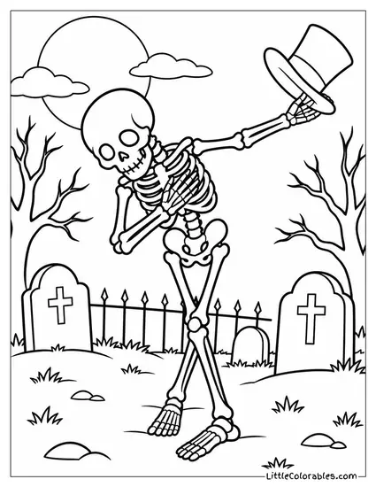 Skeleton Bowing Dramatically After a Spooky Graveyard Dance Performance Coloring Page