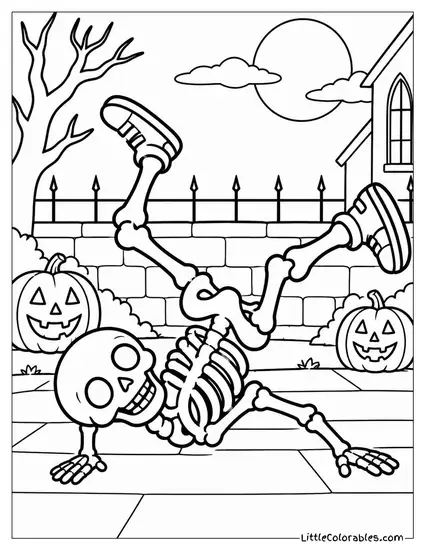 Skeleton Breakdancing on Its Back with Legs Kicking in the Air Coloring Page