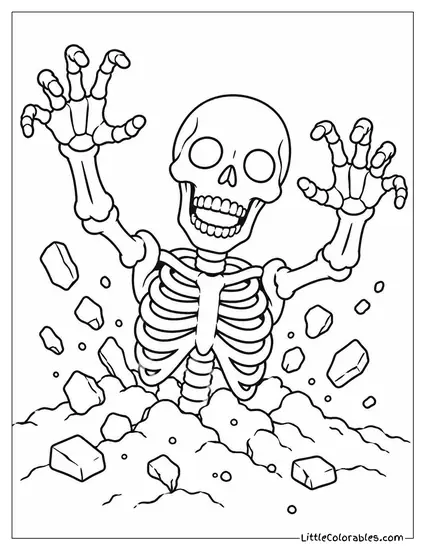 Skeleton Bursting from the Ground with Dirt Scattering Everywhere Coloring Page