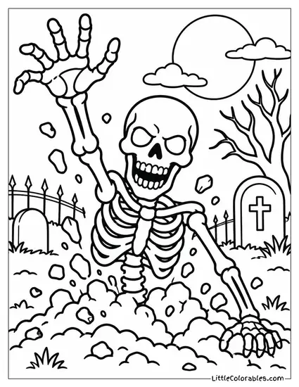 Skeleton Bursting Up Out of the Ground with Dirt Flying Everywhere Coloring Page