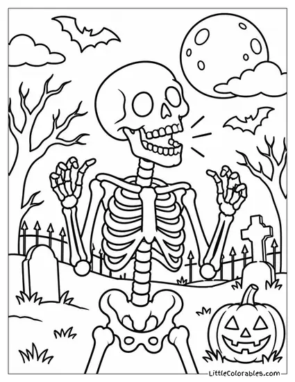 Skeleton Clacking Its Jaw Open and Shut in a Spooky Rhythm Coloring Page