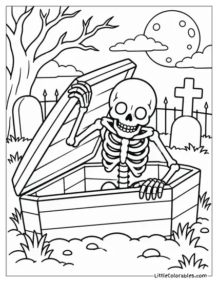 Skeleton Climbing Out of a Coffin Lid Creaking Open Coloring Page