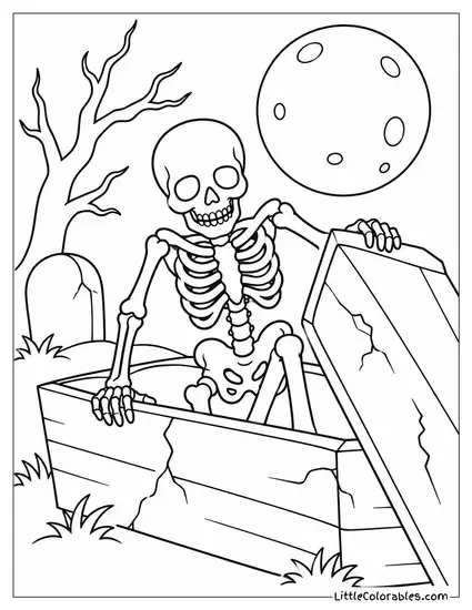 Skeleton Climbing Out of a Cracked Coffin Beneath a Full Moon Coloring Page