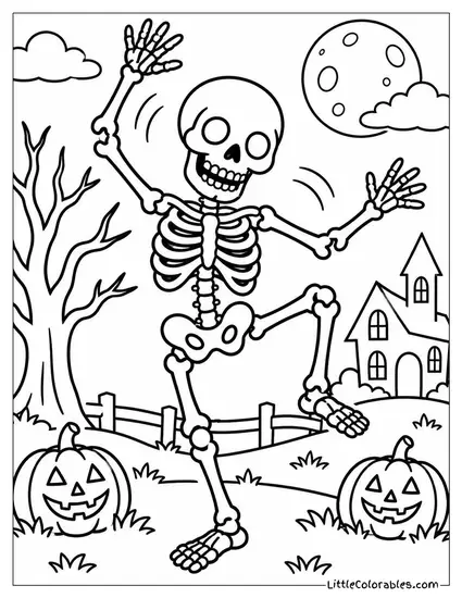 Skeleton Dancing Wildly with Bones Rattling and Clattering Together Coloring Page