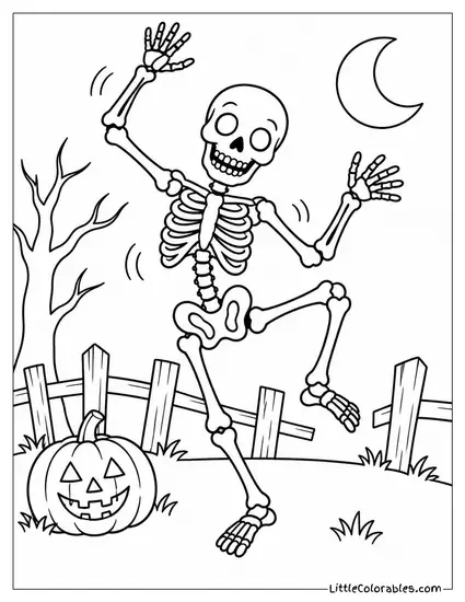 Skeleton Dancing Wildly with Bones Rattling Near a Crooked Fence Coloring Page