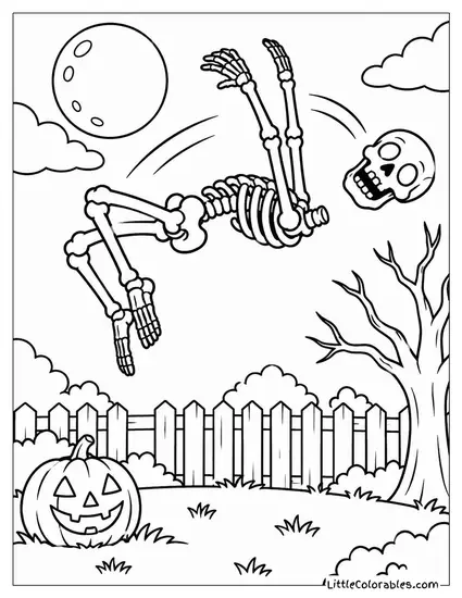 Skeleton Doing a Backflip and Losing Its Skull Mid Air Coloring Page