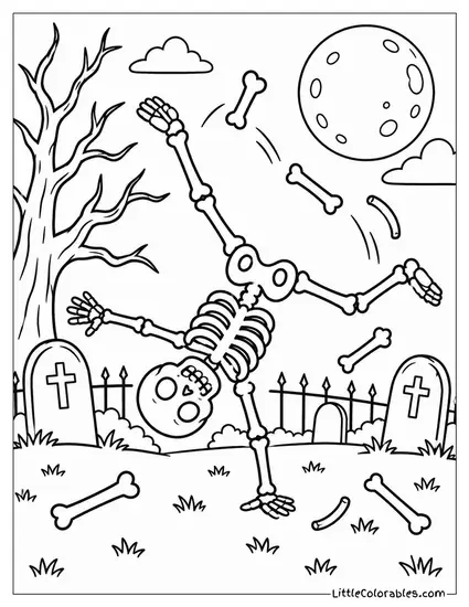 Skeleton Doing a Cartwheel and Scattering Bones Across the Graveyard Coloring Page