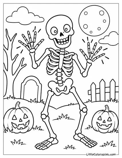 Skeleton Doing Jazz Hands with Finger Bones Clicking Together Coloring Page