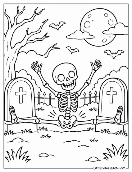 Skeleton Doing Splits Between Two Tombstones with Bones Creaking Coloring Page
