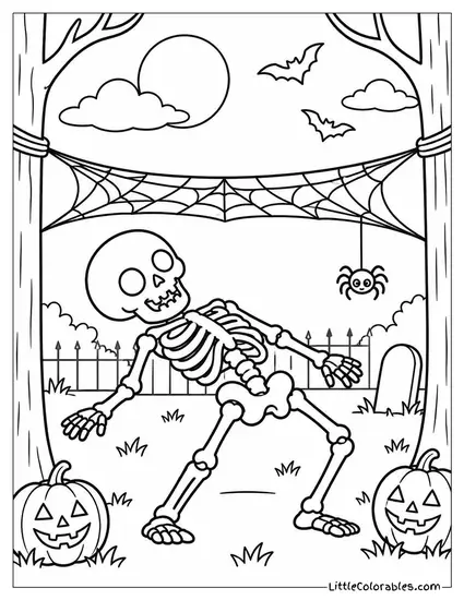 Skeleton Doing the Limbo Under a Low Hanging Spiderweb Coloring Page