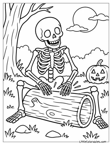 Skeleton Drumming a Beat on a Hollow Log with Its Bony Fingers Coloring Page