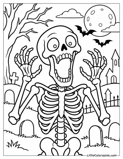 Skeleton Flopping Its Jaw Wide Open in a Silent Spooky Scream Coloring Page