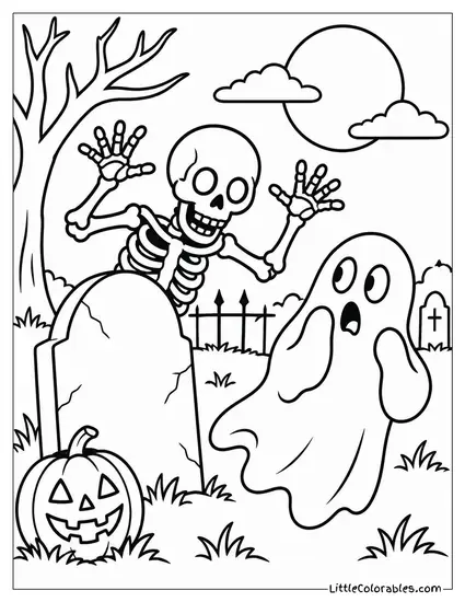 Skeleton Jumping Out from Behind a Tombstone to Startle a Ghost Coloring Page
