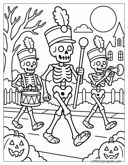 Skeleton Marching Stiffly in a Parade of Clattering Bones Coloring Page