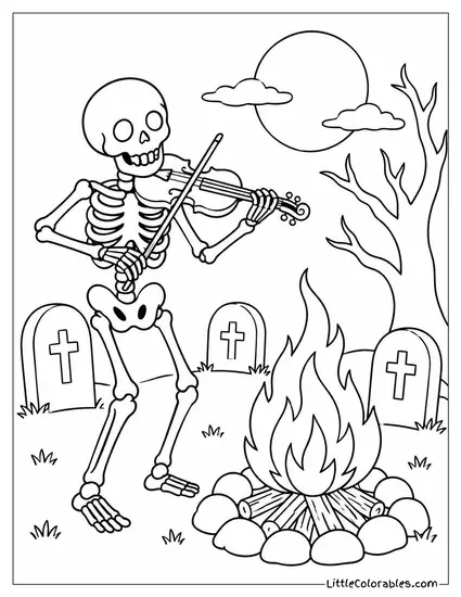 Skeleton Playing a Fiddle Beside a Bonfire Ringed with Tombstones Coloring Page