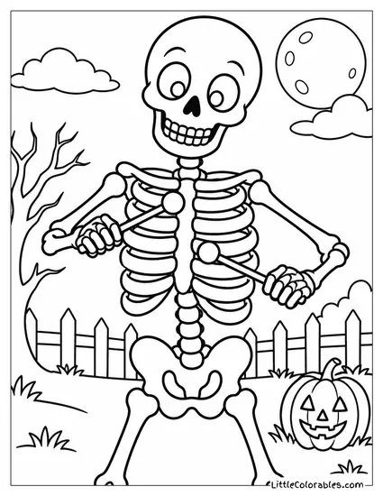 Skeleton Playing a Xylophone Tune on Its Own Rib Bones Coloring Page