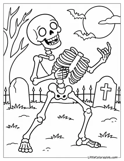 Skeleton Playing Air Guitar on Its Own Detached Rib Cage Coloring Page