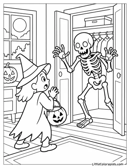 Skeleton Popping Out of a Closet to Scare a Trick or Treater Coloring Page