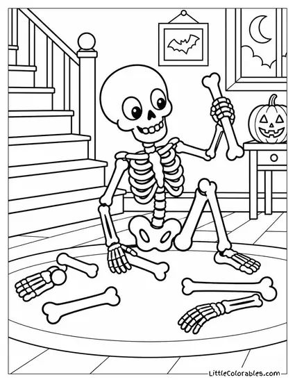 Skeleton Reassembling Itself Piece by Piece After a Tumble Down Stairs Coloring Page