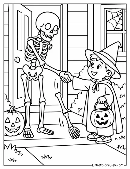 Skeleton Shaking Hands with a Trick or Treater and Its Arm Falls Off Coloring Page