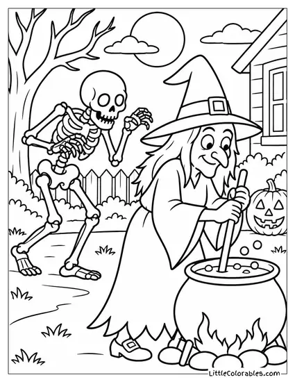 Skeleton Sneaking Up Behind a Witch with Bones Creaking Loudly Coloring Page