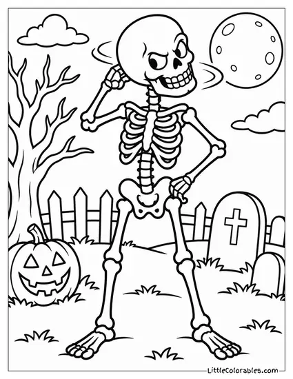 Skeleton Spinning Its Skull All the Way Around with a Mischievous Grin Coloring Page