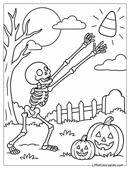 Skeleton Stretching Its Arm Bones Long to Reach a Floating Candy Corn Coloring Page
