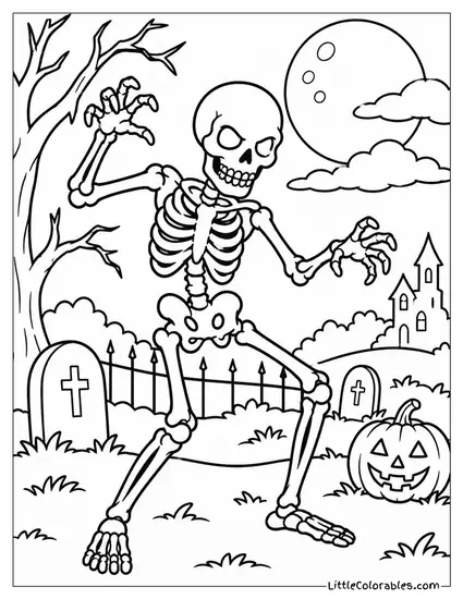 Skeleton Striking a Spooky Pose with Bones Glowing Under the Moonlight Coloring Page