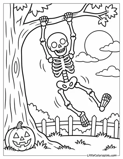 Skeleton Swinging from a Tree Branch with Bones Creaking and Clacking Coloring Page
