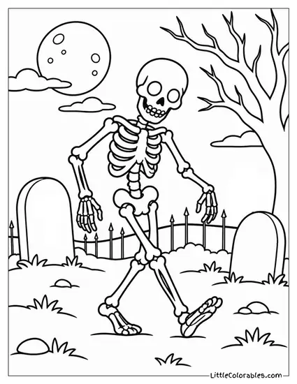 Skeleton Walking with a Wobbly Loose Jointed Shuffle Through the Graveyard Coloring Page